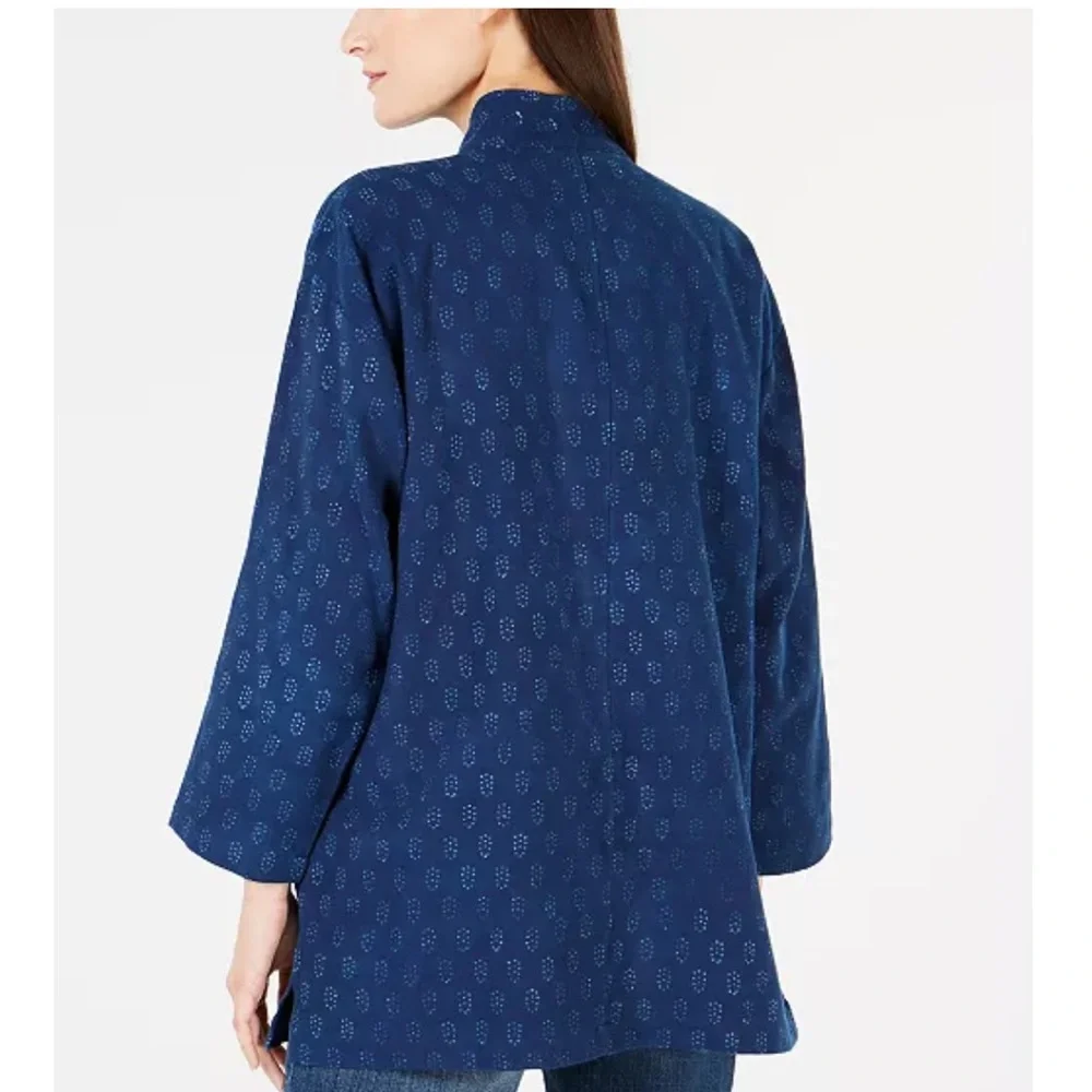 Eileen Fisher block print blue kimono style 100 percent organic cotton jacket?
